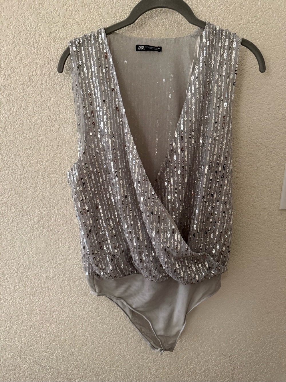 ZARA Silver Sequin Wrap Bodysuit